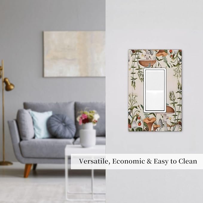 Boho Mushroom Forest Plants Wildflowers Insects Decorative Outlet Covers 1 Gang Single Rocker Light Switch Cover Plate Wall Plates GFCI Faceplate for Kids Room Home Decor