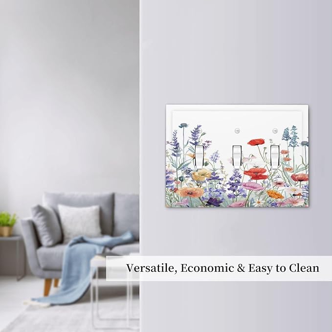 Colorful Floral Purple Lavender Flower Leaves Plants Decorative Switch Plates 3 Gang Wall Plate Triple Toggle Light Switch Cover Faceplate Electrical Wall Panels for Bed Room Living Room Decor