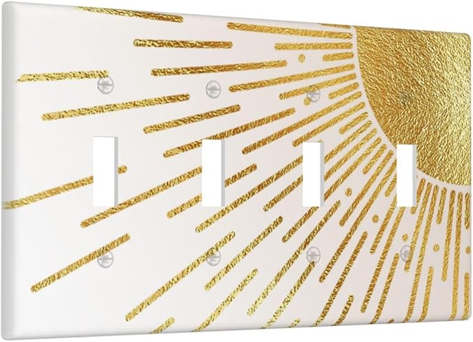 Mid Century Boho Gold Sun Abstract Sunrise Light Switch Covers Quad Toggle Electrical Faceplate 4 Gang Wall Plate Decorative Switch Plates for Kids Room Home Decor