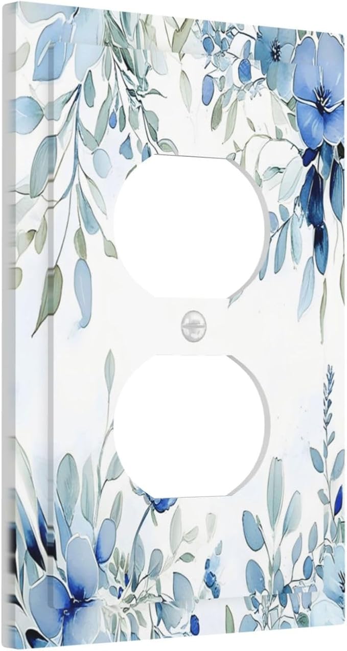 Watercolor Blue Flower Plant Floral Green Leaves Outlet Covers 1 Gang Duplex Light Switch Cover Decorative Switch Plates Electrical Receptacle Faceplate Wall Plate for Bedroom Living Room Decor