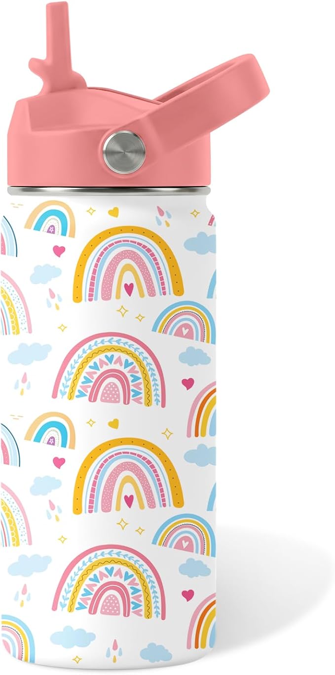 16oz Rainbow Tumbler Cup with Handle and Straw - Pink Stainless Steel Water Bottle for Women Men - Insulated Double Wall Travel Mug, Sweatproof, Non-Slip Base - Birthday Gift Ideas