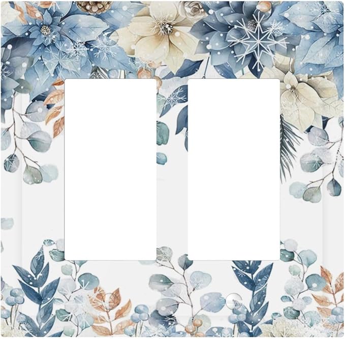 Blue Vine Snowflake Plants Leaves Floral Flowers Decorative Outlet Covers 2 Gang Double GFCI Rocker Electrical Wall Panels Light Switch Cover Plate for Bedroom Living Room Decor