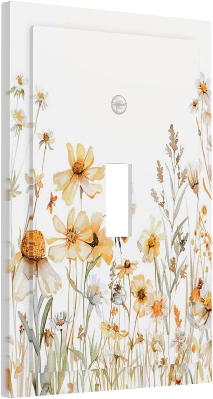Yellow White Daisy Floral Bee Wild Flower Decorative Light Switch Cover 1 Gang Single Toggle Device Electrical Faceplate Switchplates Decorator Outlet Wall Plate for Bedroom Living Room Decor