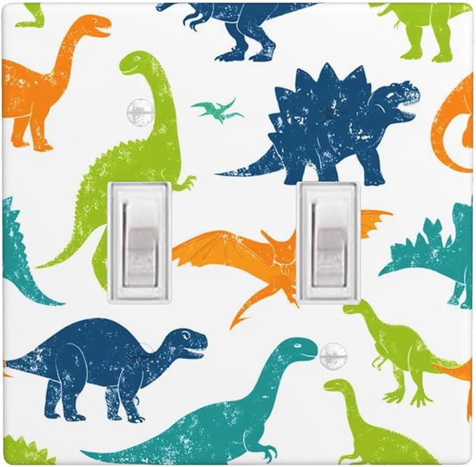 Colorful Dinosaur 2-Gang Double Toggle Light Switch Plate, Watercolor Blue & Green Dinosaur Cartoon Wall Plate for Boys Bedroom, Playroom & Nursery