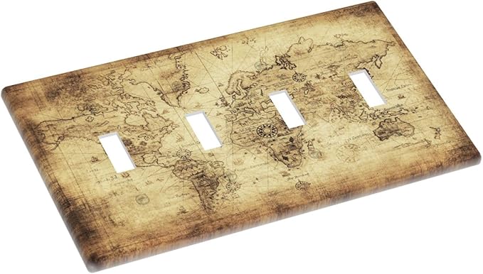 Old World Ocean Map 4 Gang Device Light Switch Cover Decorative Quad Toggle Wall Plate Decorative Electrical Faceplate for Home Bedroom Art Decorate