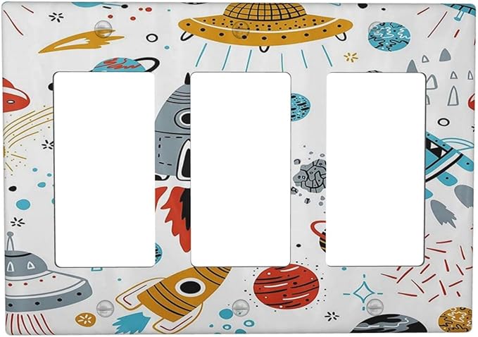 Cartoon Space Rocket Boys Universe Planet 3 Gang Rocker Light Switch Covers Decorative Unique Triple Outlet Wall Plate Cover Faceplate Decorative Switchplate GFCI for Nursery Kidroom Bedroom