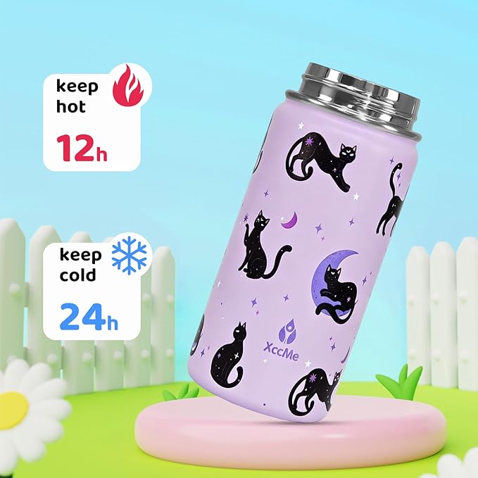14oz Cat Kids Water Bottle With Straw Lid,Stainless Steel Travel Bottle,Double Wall Leak Proof & BPA-FreeKids Cup,Insulated Tumbler for Toddlers,Metal Bottle for School Boys Girls
