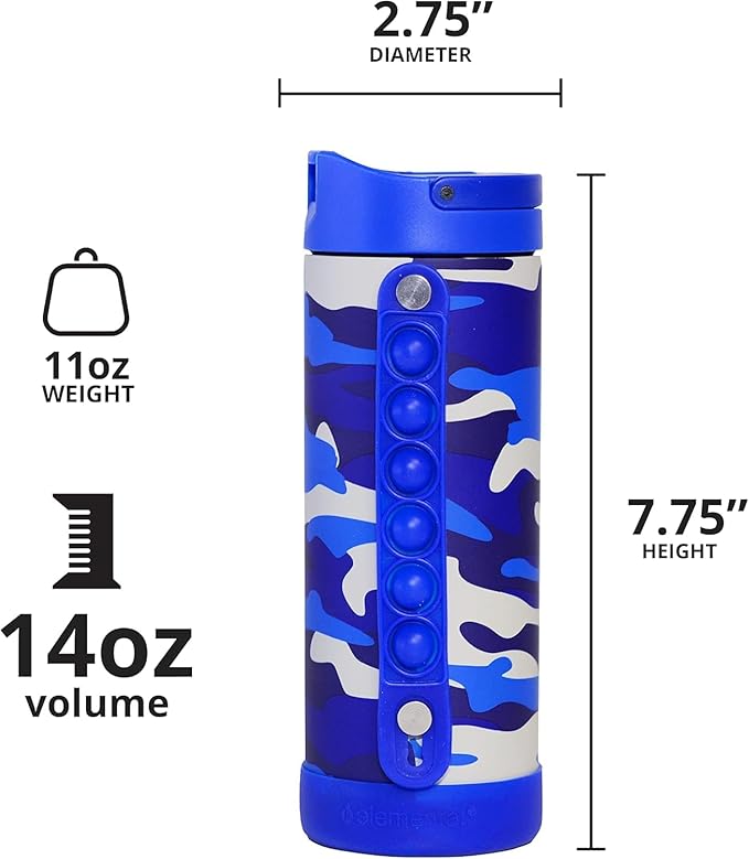 Elemental Iconic Kids Water Bottle for School - 100% Leak-Proof Insulated Water Bottles with Straw Lid & Pop-It Handle for Boys & Girls - Triple-Wall Insulated & BPA-Free, 14oz - Blue Camo