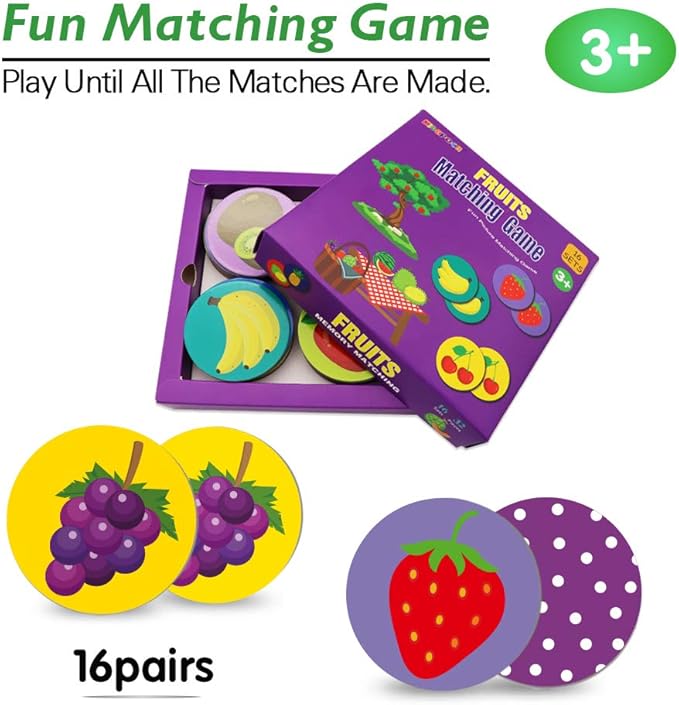 KiDEPOCH Memory Match Game – 16 Matching Pairs Preschool Memory Games Featuring Barnyard Element, Non Toxic Educational Memory Matching Game, Perfect for Kids, Toddlers, 3 Year Old or Up (Fruit)