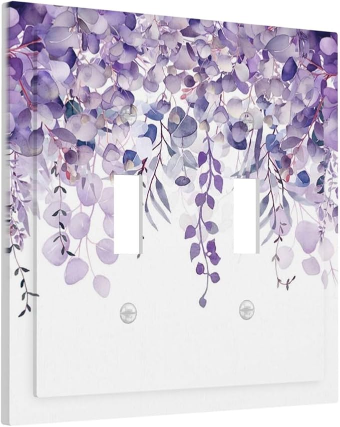 Purple Plants Leaves Eucalyptus Vine Floral Flowers Decorative Switch Plates 2 Gang Double Toggle Outlet Light Switch Cover Wall Plate Electrical Faceplate for Bedroom Living Room Decor