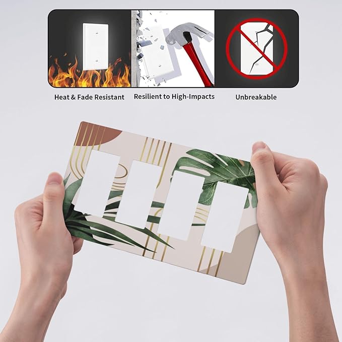Decorative 4 Gang GFCI Screwless Decorator Outlet Light Switch Cover Beige Abstract Art 70s Middle Mid Century Boho Botanical Palm Leaf Quad Rocker Wall Plate Decorative Electrical Switch Faceplate