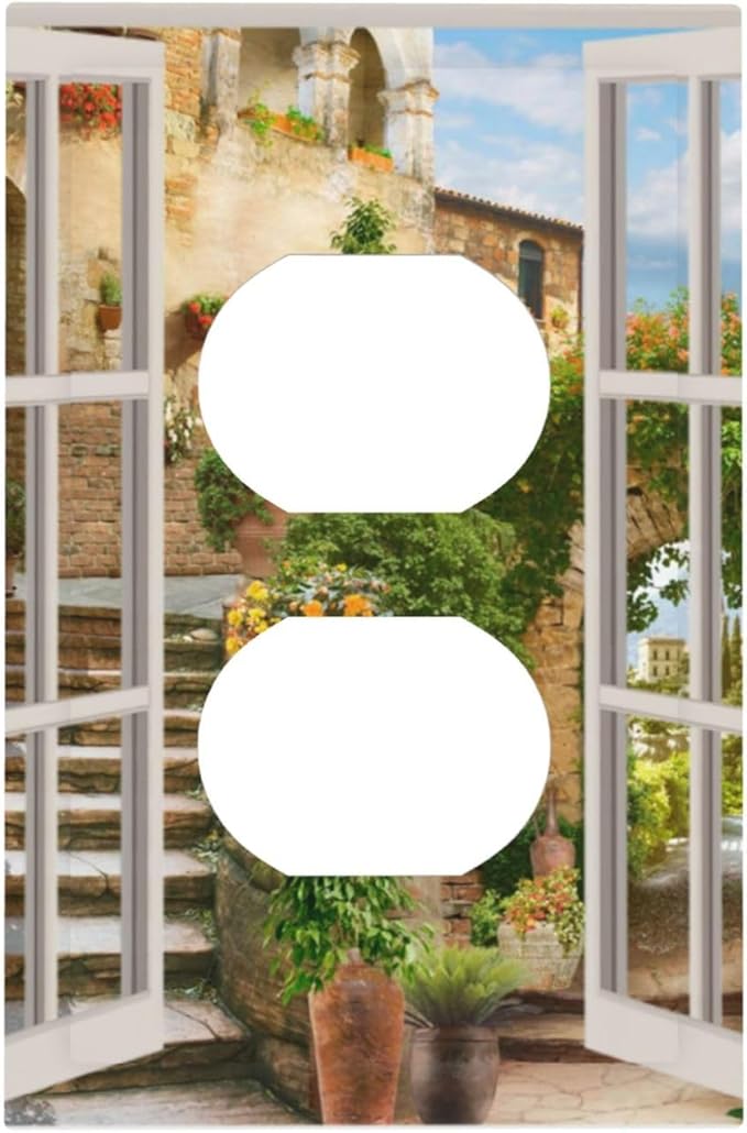 Mediterranean Greece Scene Flowers 1 Gang Duplex Outlet Covers Light Switch Cover Decorative Electrical Switchplate Italian Town from Another Window Faceplate for Bathroom Bedroom Home Decor