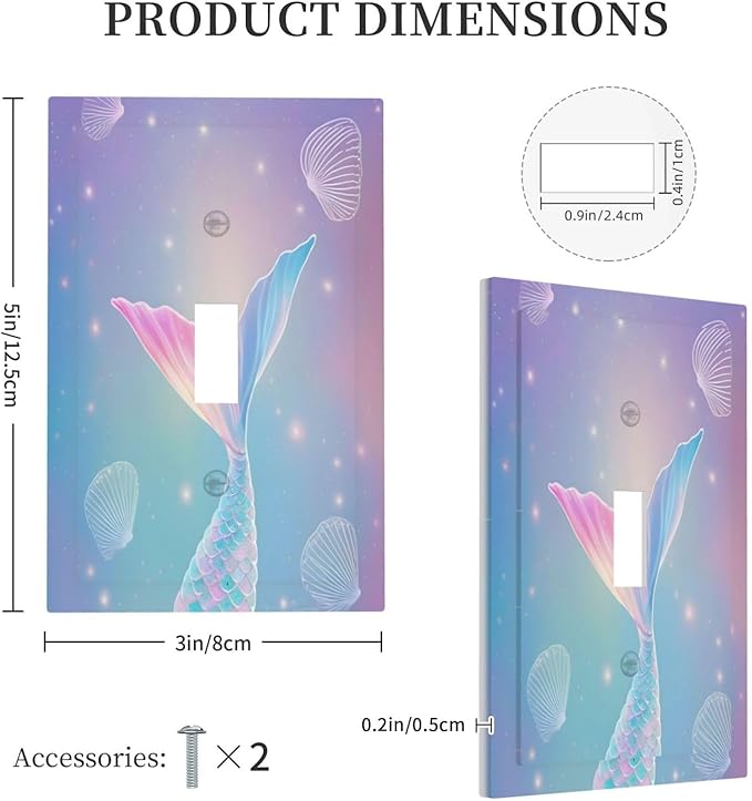 Cute Mermaid Pink Tail Scales Shells Colorful Ocean Decorative Light Switch Cover 1 Gang Single Toggle Device Electrical Faceplate Switchplates Decorator Outlet Wall Plate for Kids Room Nursery Decor
