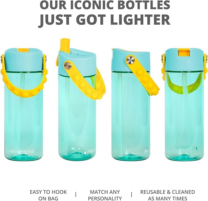 Elemental Leak Proof Water Bottles for Kids - Splash Kids Water Bottle for School with Pop-it Handle - Tritan Plastic Water Bottle with Straw - Little Princess & Robin's Egg - 18oz (2 Pack)
