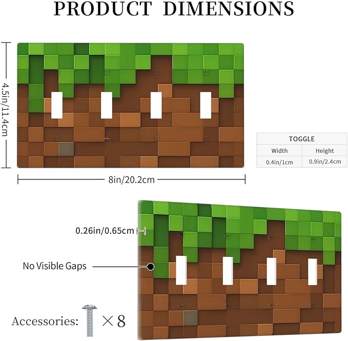 Pixel Style Gamer Themed Grass Block Light Switch Covers Quad Toggle Electrical Faceplate 4 Gang Wall Plate Decorative Switch Plates Cover for Kids Room Office Home Decor