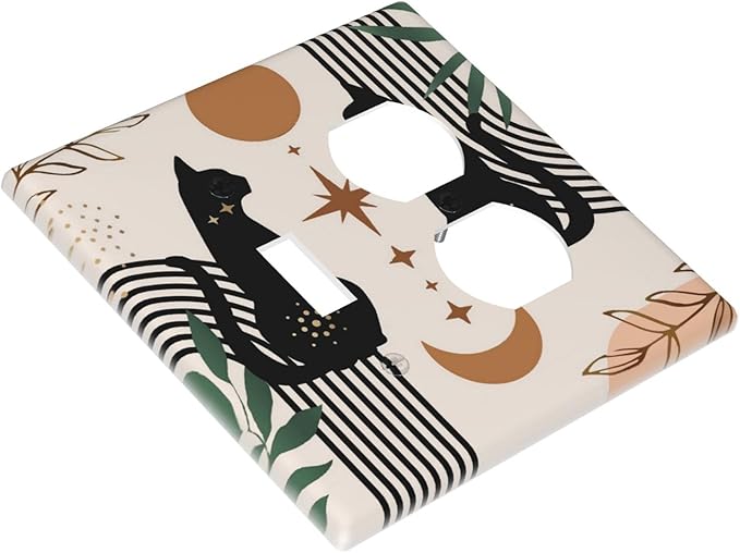 70s Mid Century Boho Abstract Cat 2 Gang 1 Toggle/Duplex Combo Outlet Light Switch Cover Wall Plate Electrical Faceplate Decorative Dual Device Switchplate