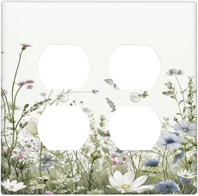 Colorful Wildflowers Daisy Plant Butterfly Floral Outlet Covers 2 Gang Double Duplex Decorative Light Switch Covers Electrical Wallplates Socket Faceplate for Bed Room Living Room Decor