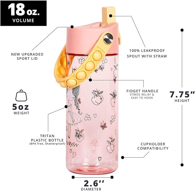 Elemental Leak Proof Water Bottles for Kids - Splash Kids Water Bottle for School with Pop-it Handle - Tritan Plastic Water Bottle with Straw - Little Princess & Robin's Egg - 18oz (2 Pack)