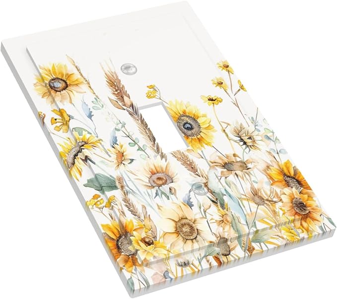 Yellow Floral Sunflowers Wheat Ears Watercolor Wild Flowers Decorative Light Switch Cover 1 Gang Single Toggle Device Electrical Faceplate Switchplates Decorator Outlet Wall Plate for Bedroom Home