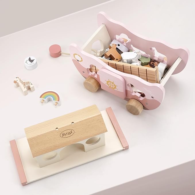 Joyreal Pink Wooden Noah's Ark Toy for 1 Year Old Baby Girl Baptism Gift - Montessori Educational Toy with Animal Shape Sorter - Christian Toys for Toddler Boy 1-3 Years Old Christmas Birthday Gift
