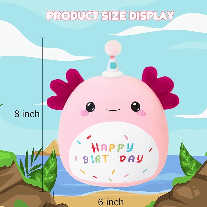 SQEQE Happy Birthday Axolotl Plush Axolotl Stuffed Animal Toy Pink Birthday Plushies Home Decor for Girls Boys Kids（8Inch