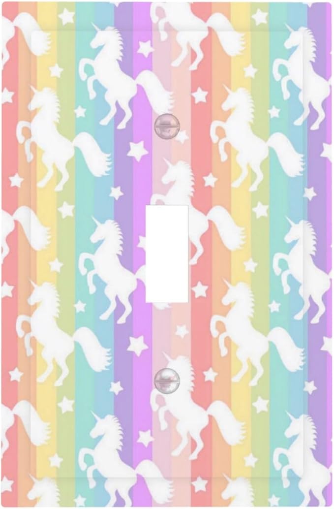 Funny Cute Colorful Girly Rainbow Stripes Unicorn Animal Kid Girls Room Theme 1-Gang Outlet Light Switch Plate Cover Decorative Single Toggle Face Wall Plate Electrical Receptacle Cover Jumbo Size