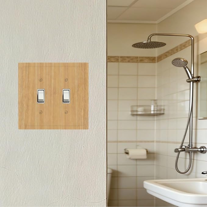 Rustic Woodgrain Double Toggle Switch Cover - 2-Gang Standard US Size Minimalist Farmhouse Wooden Light Switch Covers Decorative Wall Plate for Home Decor