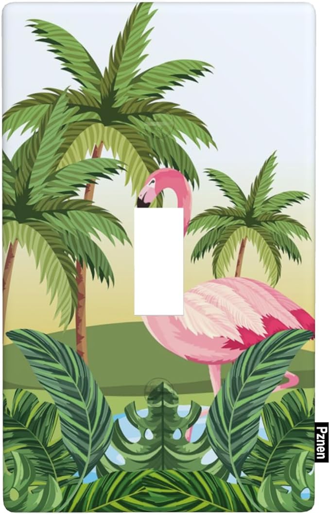 Beach Flamingo Light Switch Cover Summer Palm Leaf Tropical Plant Single Toggle Wall Plate 1 Gang Switchplate Home Decor for Bedroom Bathroom 4.5"x 2.76"