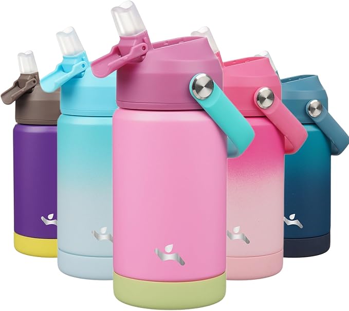 Konokyo Insulated Water Bottle with Straw Lid,12 oz Stainless Steel Vacuum Metal Bottle with Silicone Handle,Rose Pink