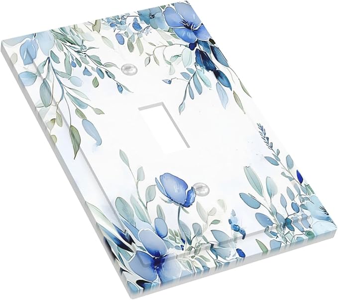 Watercolor Blue Flower Plant Floral Green Leaves Decorative Light Switch Cover 1 Gang Single Toggle Device Electrical Faceplate Switchplates Decorator Outlet Wall Plate for Bedroom Living Room Decor