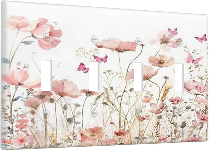 Boho Floral Watercolor Pink Wildflower Butterfly Light Switch Covers Quad Toggle Electrical Faceplate 4 Gang Wall Plate Decorative Switch Plates for Bedroom Living Room Decor