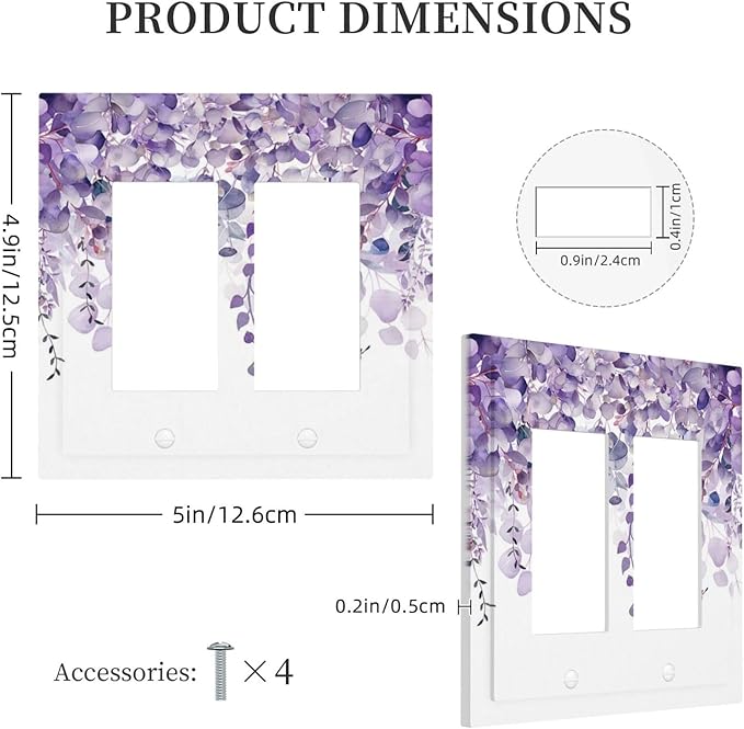 Purple Plants Leaves Eucalyptus Vine Floral Flowers Decorative Outlet Covers 2 Gang Double GFCI Rocker Electrical Wall Panels Light Switch Cover Plate for Bedroom Living Room Decor