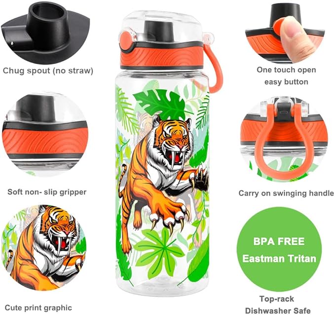 Home Tune Cute Water Bottle for School Kids Girls, BPA FREE Tritan & Leak Proof & Easy Clean & Carry Handle, 23oz/ 680ml - Tiger
