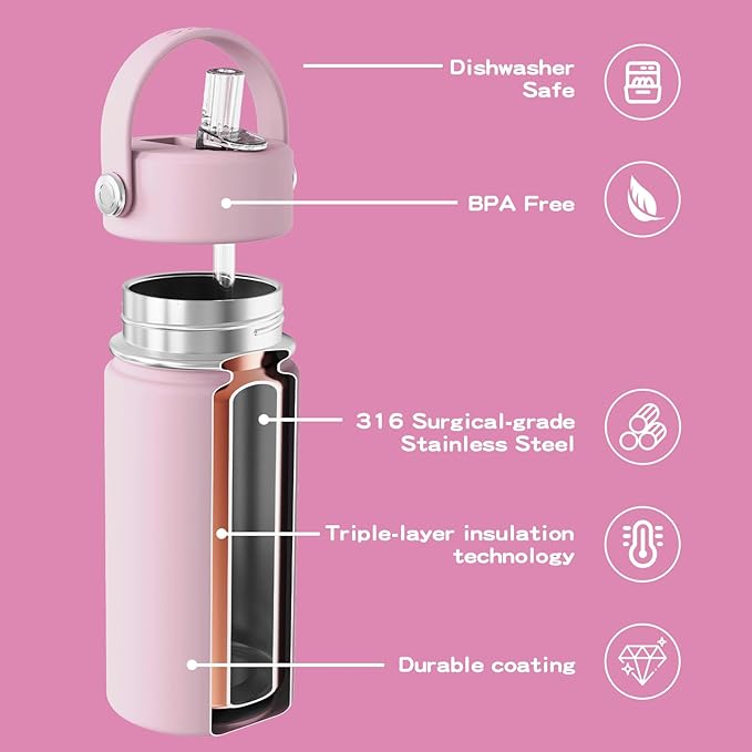 OISIZ Kids Water Bottle with Straw Lid 14oz, Vacuum Insulated 316 Stainless Steel Water Bottles for Kids for School, Leakproof Water Bottle, BPA Free and Keep Cold for 24 Hours