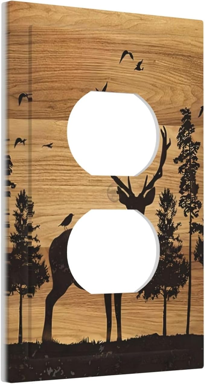 Elk Moose Forest Hunting Pyrography Art Wood Texture Print Outlet Covers 1 Gang Duplex Light Switch Cover Decorative Switch Plates Electrical Receptacle Faceplate Wall Plate for Farmhouse Bedroom Home