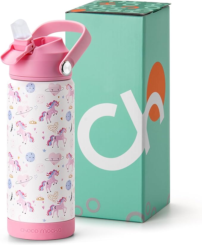 Choco Mocha Kids Water Bottle For School, Kids Insulated Unicorn Water Bottle Stainless Steel for Girls,18Oz Pink & White