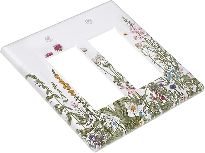 Rustic Wild Floral Vintage Teal Botanical Double Rocker Wall Plate Decorative 2 Gang Light Switch Cover Gfci Electrical Switchplate Home for Bathroom Bedroom Kitchen Decor 4.6"X4.5"