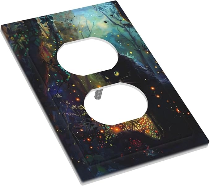 Decorative Outlet Covers Magic Fantasy Forest Mysterious Black Cat 1 Gang Duplex Light Switch Cover Plate Electrical Switch plates Wall Plates Receptacle Covers for Kid Room Bathroom Decor