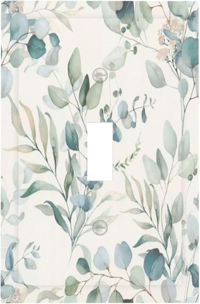 Boho Green White Eucalyptus Leaf Floral Decorative Light Switch Cover 1 Gang Single Toggle Device Electrical Faceplate Switchplates Decorator Outlet Wall Plate for Farmhouse Living Room Decor