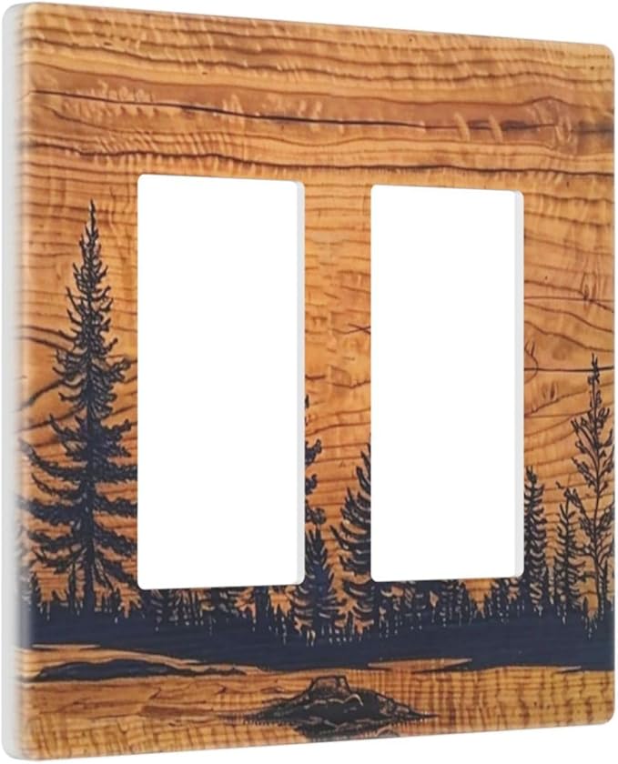 Country Pine Tree Forest Woodland Wood 2 Gang Double Rocker/Decorator Face Wall Plate Decorative Outlet Covers Vintage Farm Lodge on Orange Wooden Electrical GFCI Dimmer Light Switch Cover (Plastic)