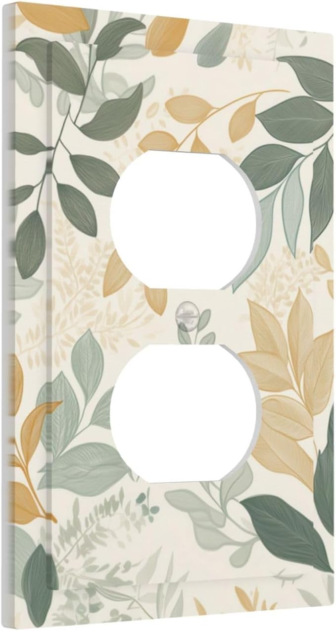 Boho Watercolor Leaves 1 Gang Electrical Duplex Outlet Covers Green Botanical Light Switch Cover Receptacle Wall Plate Decorative Faceplate for Country Bedroom Kitchen Home Living Room Decor