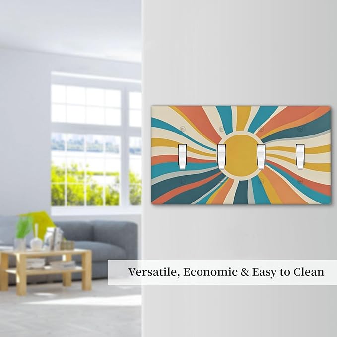 Decorative Switch Plate Cover with Retro Mid-Century Modern Sunburst Motif Design 4 Gang Artistic Wall Plate Unique Quad Toggle Light Switch Covers for Abstract Teal/Yellow/Orange Wall Decor