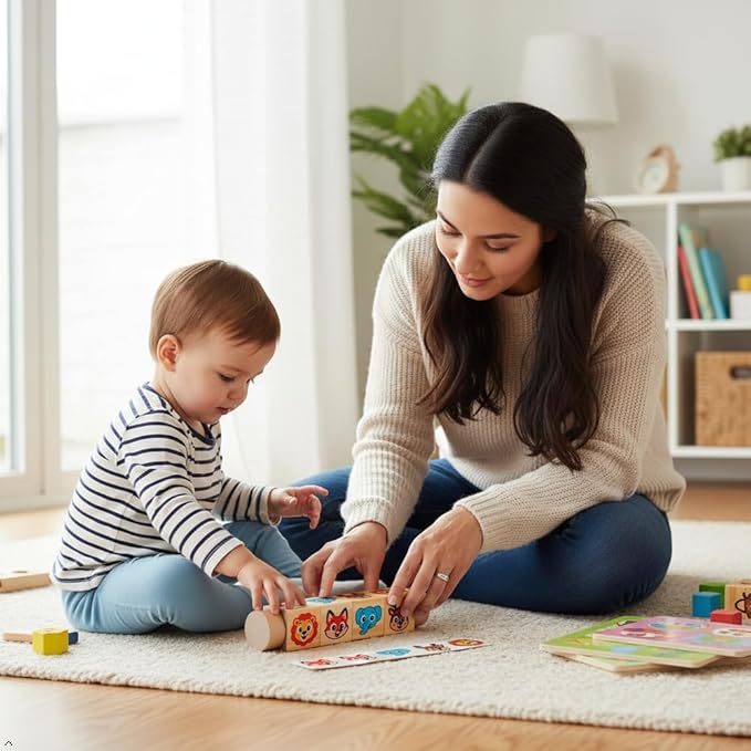 Wooden Animal Rotating Blocks Puzzle Montessori Toddler Matching Game Fine Motor Skills Sensory Toy for Kids 1-3 Years Old