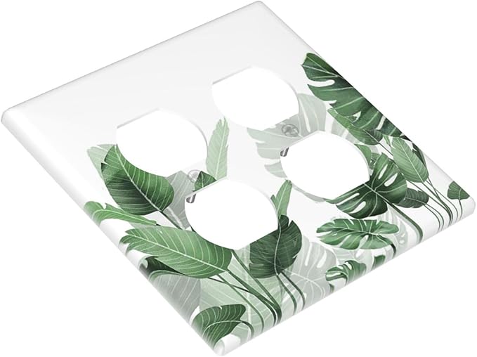 Outlet Covers Boho Tropical Plant Natural Palm Leaf 2 Gang Double Duplex Decorative Light Switch Covers Electrical Wallplates Socket Faceplate For Bed Room Living Room Decor