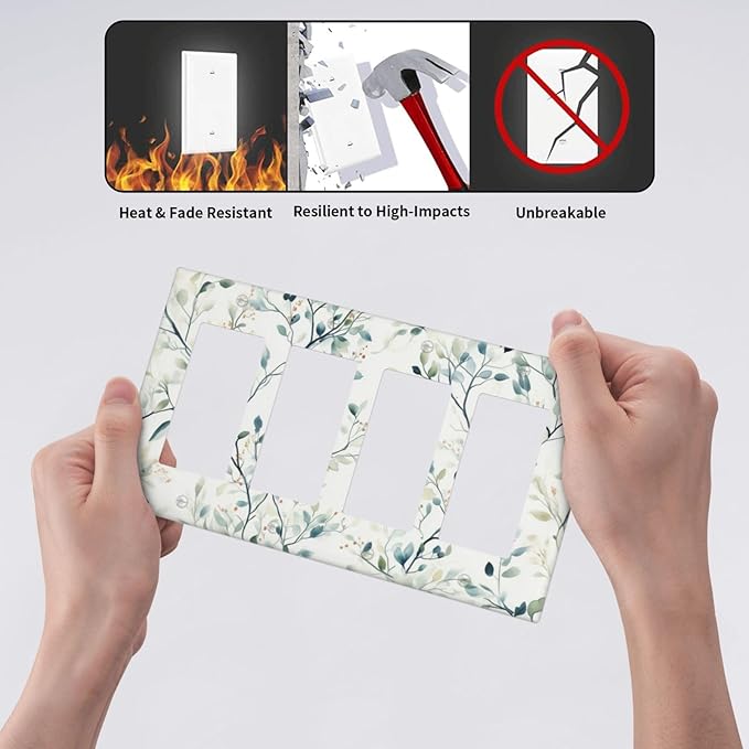 Watercolor Floral Green Leaves 4 Gang Light Switch Cover Green Botanical Flowers Quad Rocker Outlet Covers Wall Plate Decorative Faceplate for Bedroom Kitchen Living Room Decor