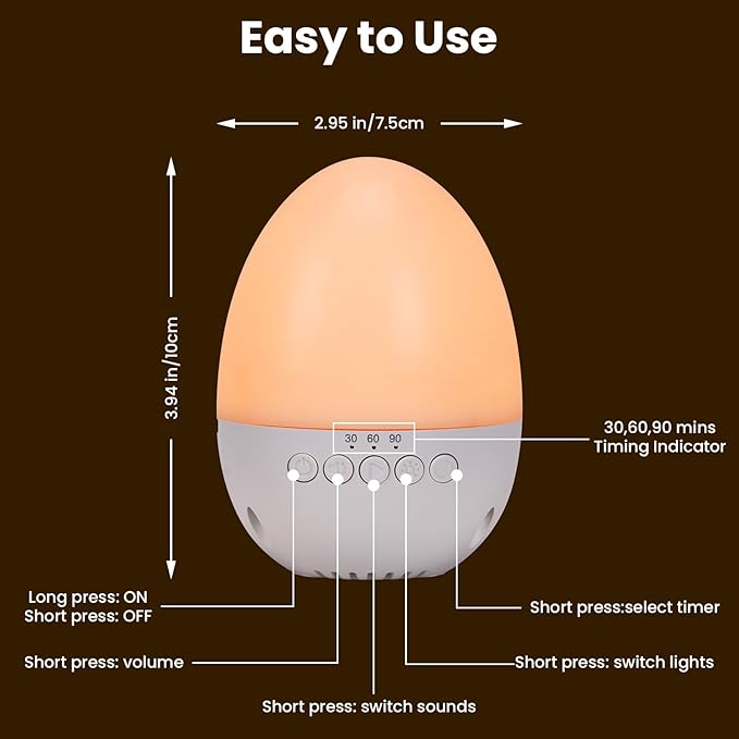 Egg Light for Nursery,Egg Night Light with 30 White Noise Sounds,30/60/90 Min Timer,BPA Free,Rechargeable Nursery Night Light with 2 Lighting Effects,Portable Egg Lamp for New Moms of Toddlers