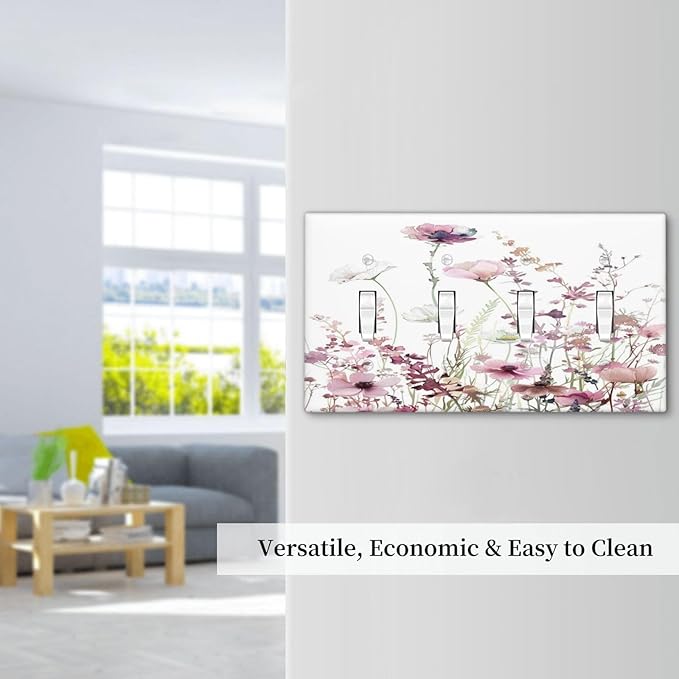 Floral Pink Watercolor Wildflowers Plant Flower Light Switch Covers Quad Toggle Electrical Faceplate 4 Gang Wall Plate Decorative Switch Plates Cover for Bedroom Living Room Decor