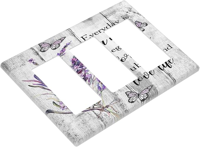 Light Switch Cover Purple Lavender Flower Butterfly on Wood Plank 3 Gang Wall Plate Triple Light Switch Plate Inspirational quotation Floral Rocker GFCI Outlet Covers Decorative Receptacle Cover