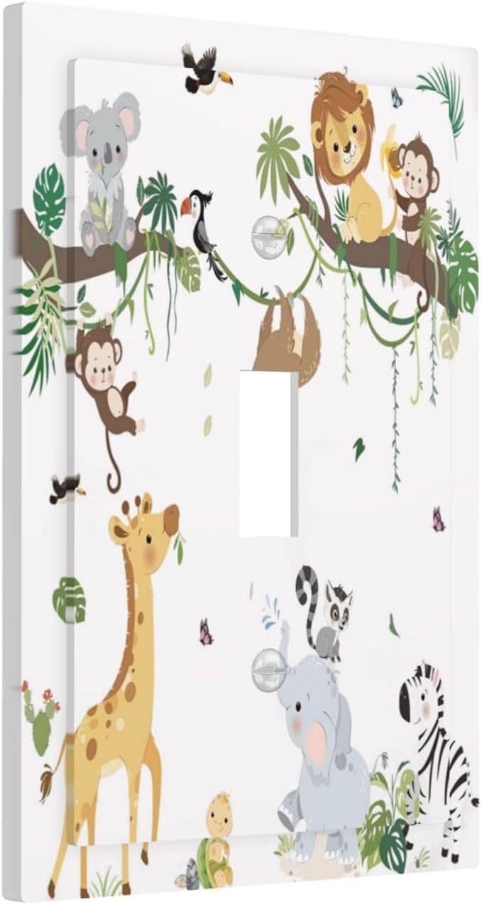 Jungle Animals Tree Branch Monkey Giraffe Lion Elephant Decorative Light Switch Cover 1 Gang Single Toggle Device Electrical Faceplate Switchplates Decorator Outlet Wall Plate for Kids Room Nursery