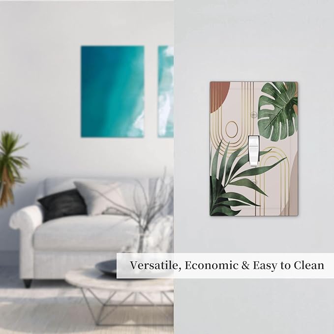 Mid Century Bohemian Modern Abstract Minimalist Boho Neutral Art Vintage Leaves Arch 1-Gang Outlet Light Switch Plate Decorative Single Toggle Face Wall Plate Electrical Receptacle Cover Large Size